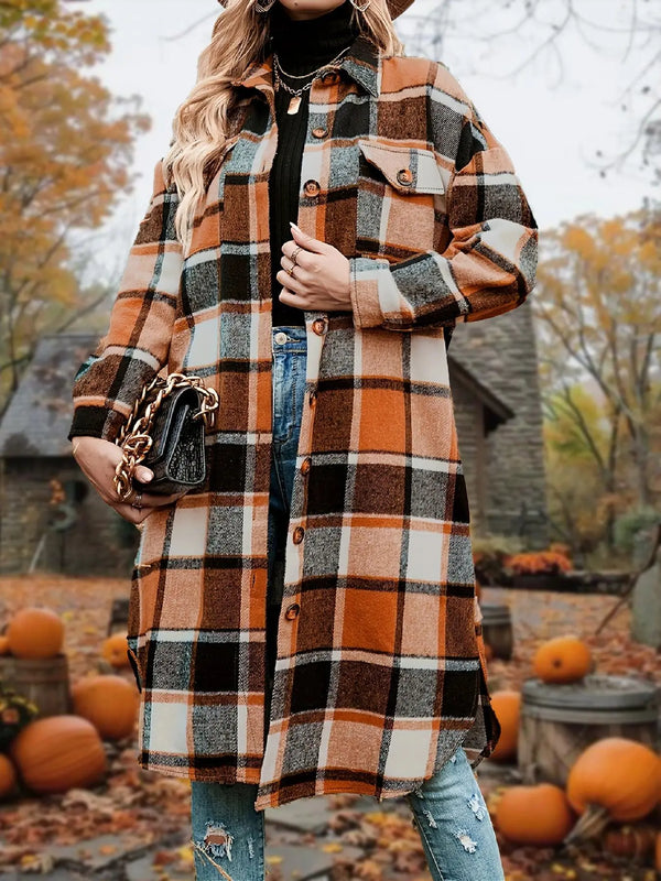 Women'S Plaid Print Button Front Split Side Warm Coat, Casual Loose Drop Shoulder Long Sleeve Collared Outerwear for Daily Wear, Women'S Clothes