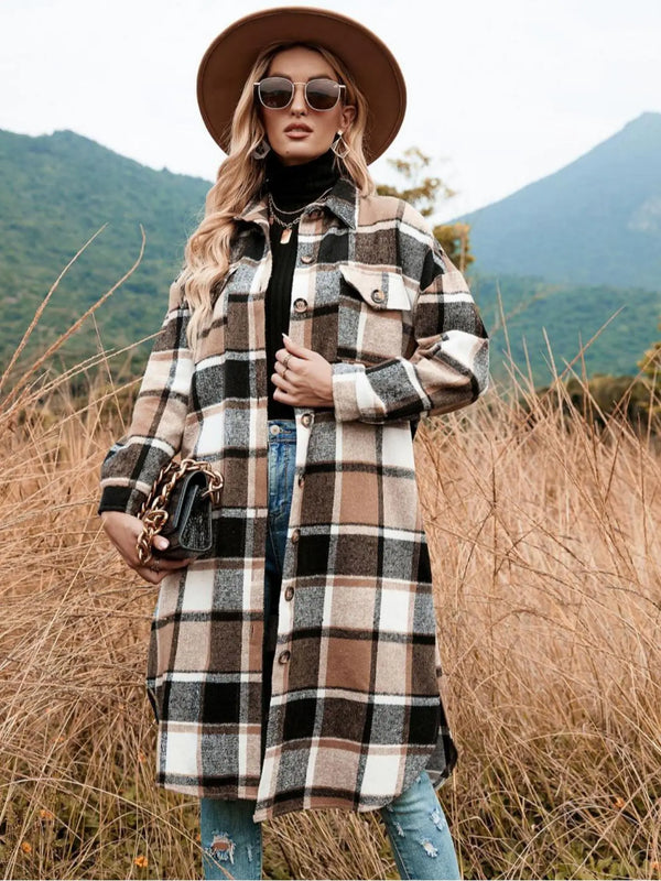 Women'S Plaid Print Button Front Split Side Warm Coat, Casual Loose Drop Shoulder Long Sleeve Collared Outerwear for Daily Wear, Women'S Clothes