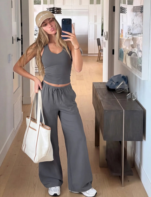 【Ready Together】Showitty Womens Athleisure 2 Piece Set, Built-In Bra Tank Top & Wide-Leg Pants with Pockets, Open Back Active Outfit