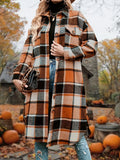 Women'S Plaid Print Button Front Split Side Warm Coat, Casual Loose Drop Shoulder Long Sleeve Collared Outerwear for Daily Wear, Women'S Clothes
